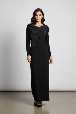 Kasper ASL x Nina Charles Knit long/SL Maxi Dress Sz. Sm Black Bejeweled Bodice